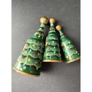 Vintage Handcrafted Wooden Christmas Tree Bells Set (3) Artisan Folk Art Holiday